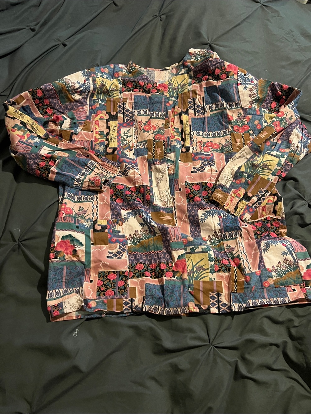 Patchwork Floral Button-Up Blouse in Multicolor scrubs jacket